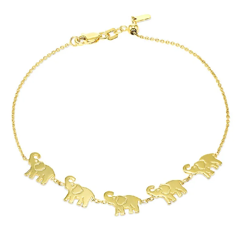 Solid 14k Yellow Gold Good Luck Elephant Cable Adjustable Bracelet with Lobster Clasp, 7.5"