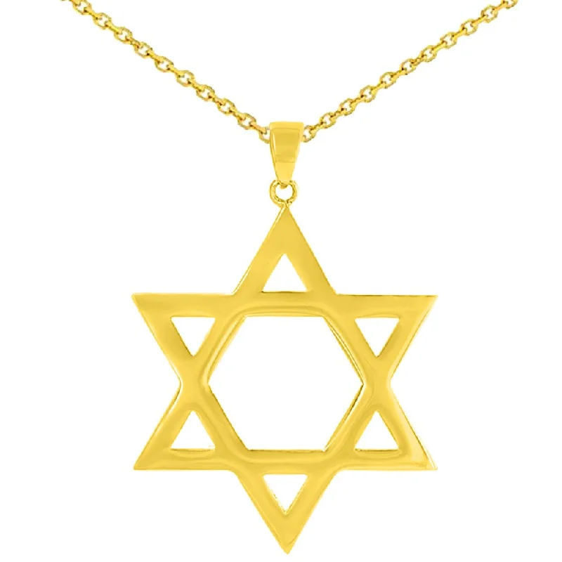 Solid 14K Yellow Gold Large Star of David Charm Jewish Symbol Pendant with Cable, Curb, or Figaro Chain Necklace