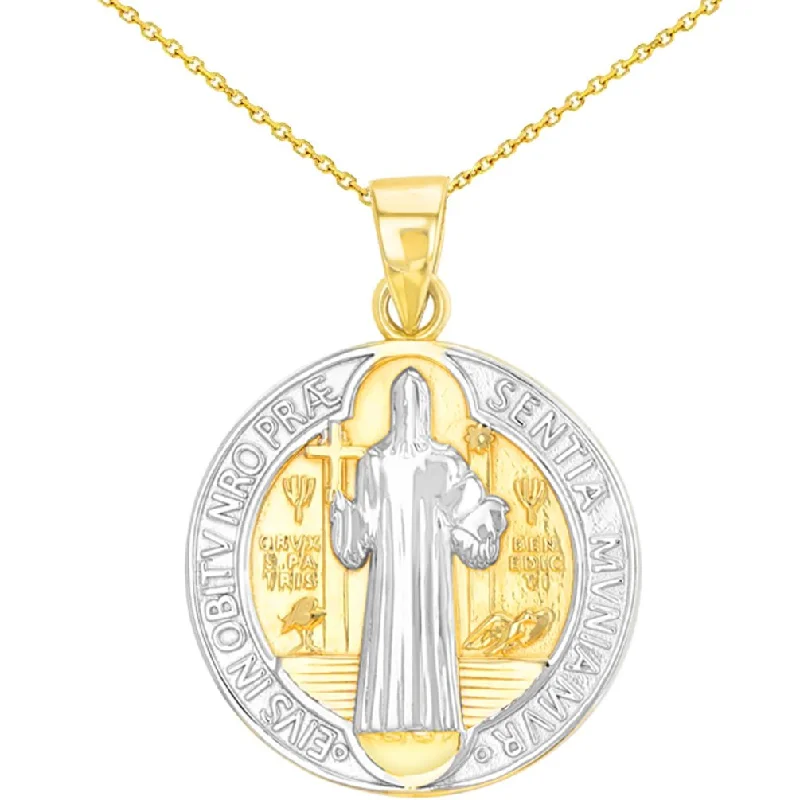 Solid 14K Yellow Gold Polished St Benedict Medal Charm Saint Pendant with Cable, Curb, or Figaro Chain Necklaces