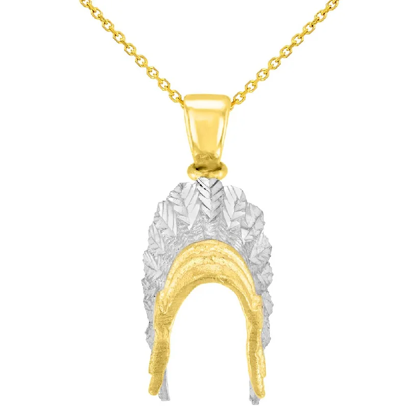 Solid 14K Yellow Gold War Bonnets Charm Native American Pendant with Cable, Curb, or Figaro Chain Necklaces