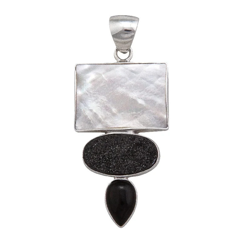 Sterling Silver Mother of Pearl, Black Druzy and Onyx Pendant