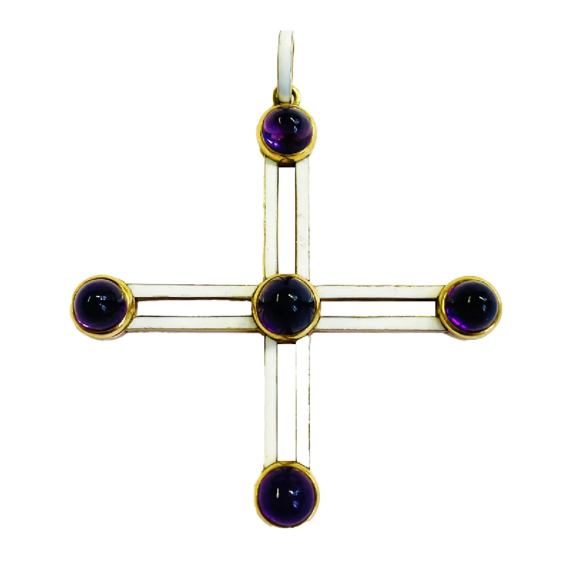 Victorian 18KT Yellow Gold Amethyst & Enamel Cross Pendant