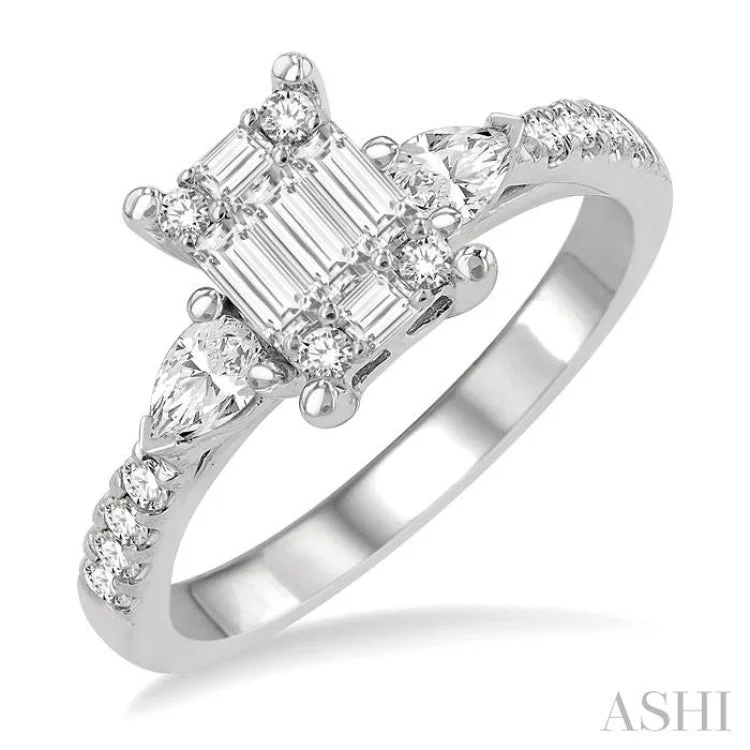 3/4 ctw Fusion Baguette, Pear and Round Cut Diamond Engagement Ring in 14K White Gold