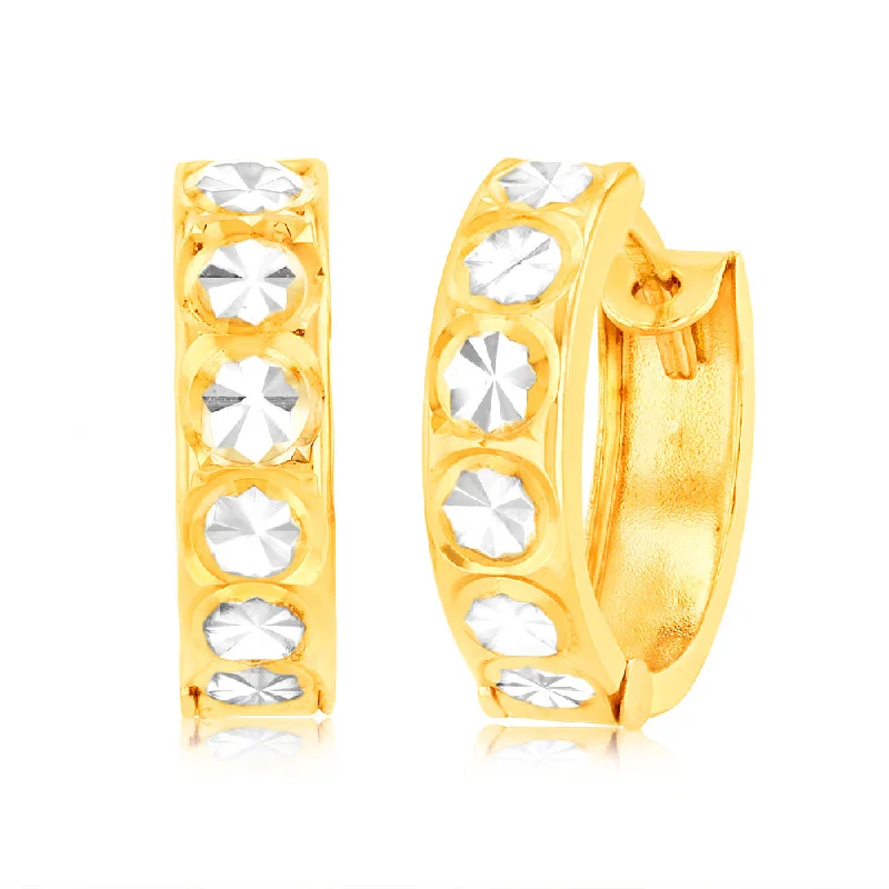 9ct Yellow Gold Huggie Hoop Earrings with diamond cut feature with Rhodium