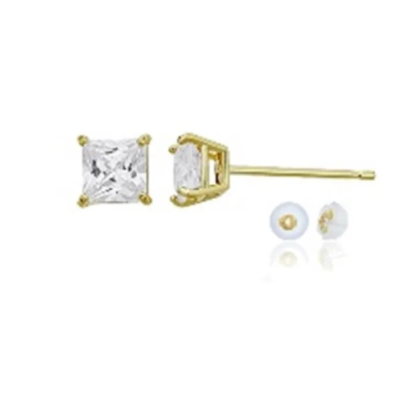 14KT Yellow Gold 4MM Princess Cut Cubic Zirconia Stud Earrings