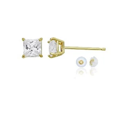 14KT Yellow Gold 7MM Princess Cut Cubic Zirconia Stud Earrings