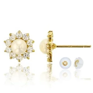 14KT Yellow Gold Pearl 4MM Flower Stud Earrings