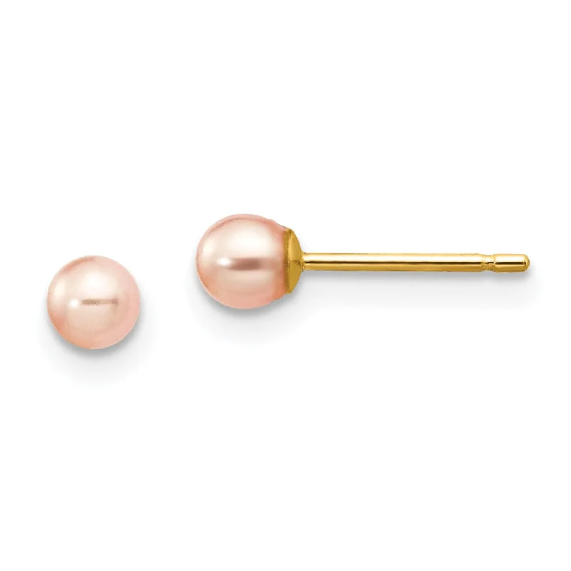 3MM Round Pearl Stud Earrings in 14KT Yellow Gold