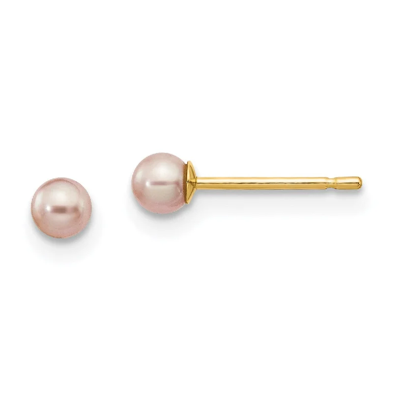 3MM Round Pearl Stud Earrings in 14KT Yellow Gold