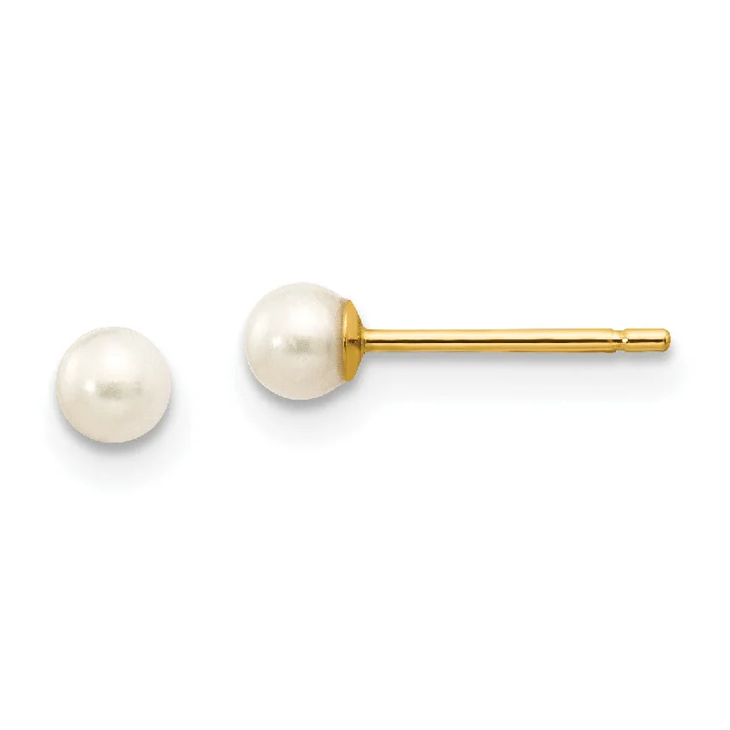 3MM Round Pearl Stud Earrings in 14KT Yellow Gold