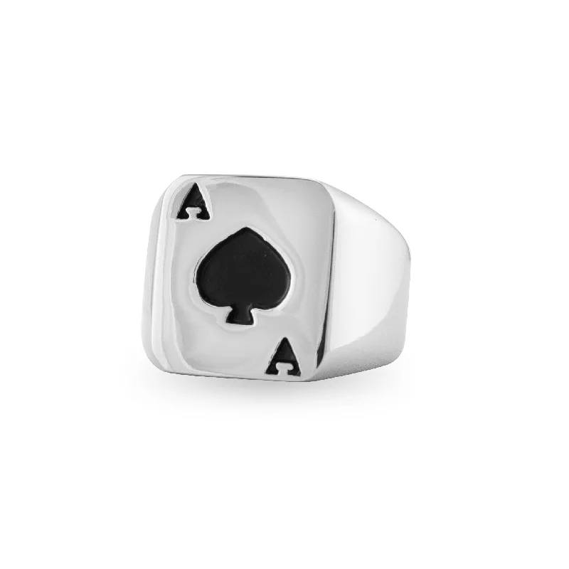 Stainless Steel Polished Black Ace Of Spades Signet Ring / PSB023