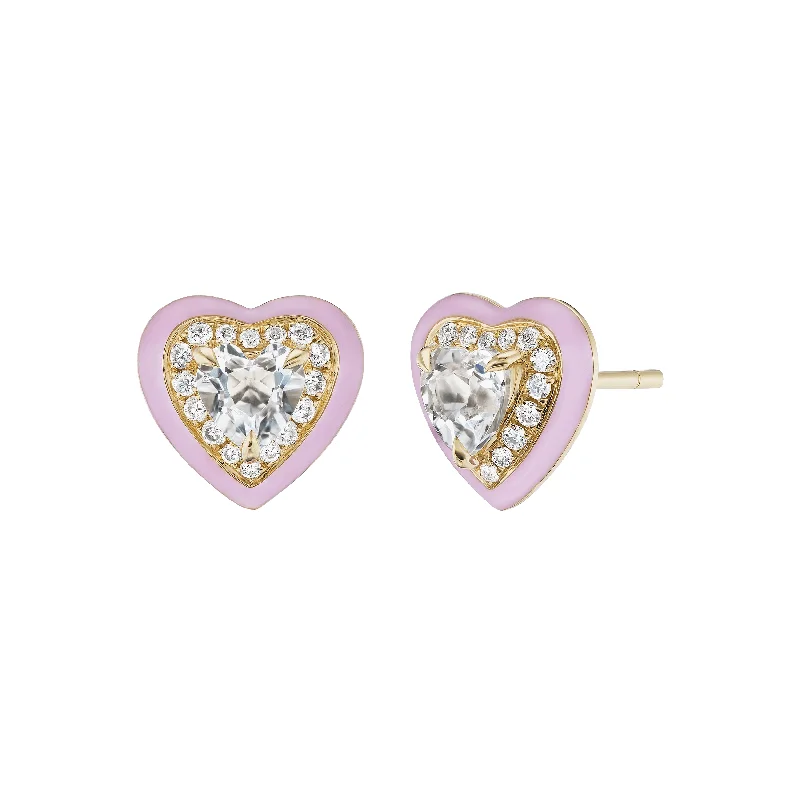 18K Yellow Gold White Topaz Pink Enamel Heart Stud Earrings