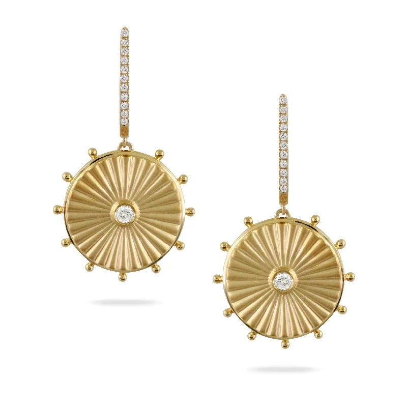 Diamond 18K Yellow Gold Satin Finish Disc Drop Earrings