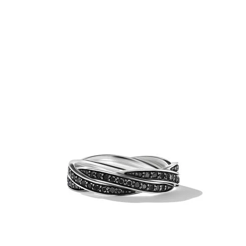 DY Helios Band Ring in Sterling Silver with Pavé Black Diamonds, Size 10