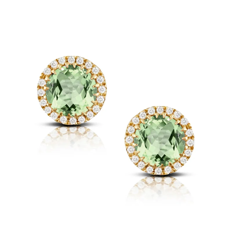 Green Amethyst & Diamond Halo 18K Yellow Gold Stud Earrings