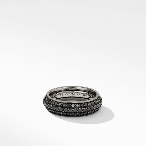 Half Pavé Beveled Band Ring in Grey Titanium with Black Diamonds, Size 11