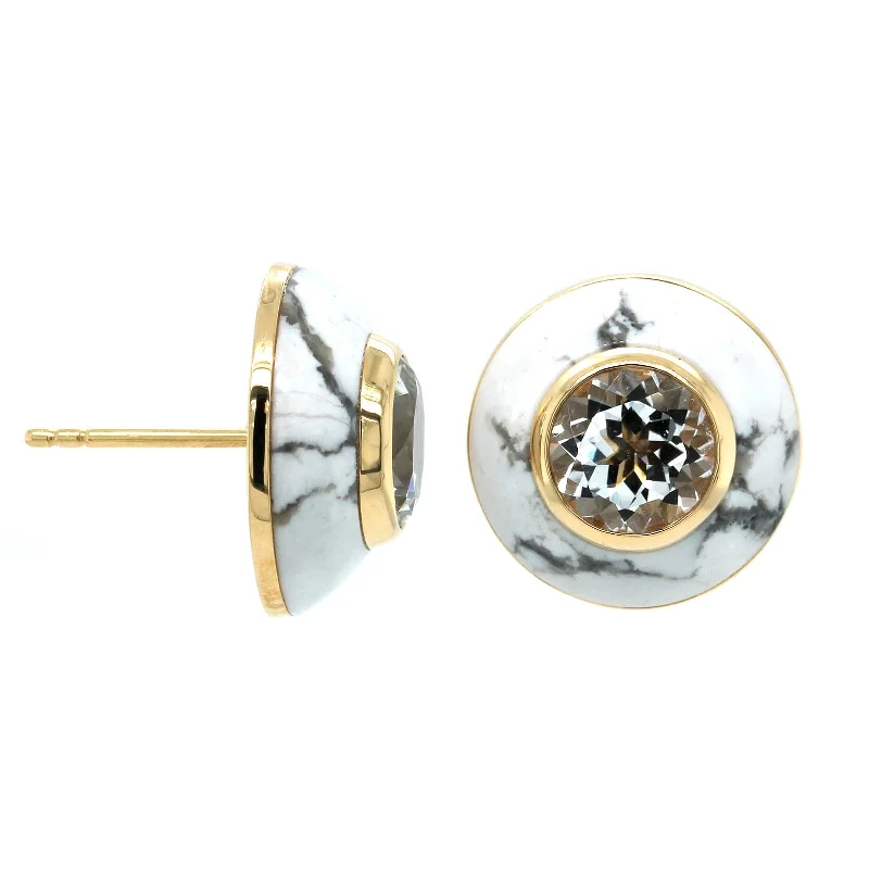 18K Yellow Gold Howlite and White Topaz Stud Earrings