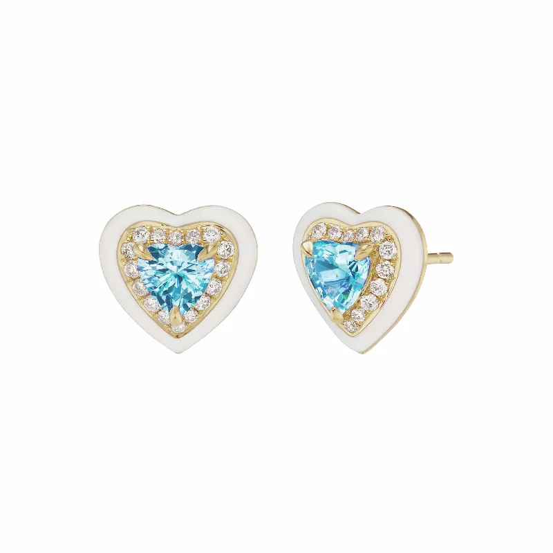 18K Yellow Gold Aquamarine White Enamel Heart Stud Earrings