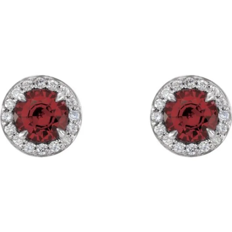 14K White 4.5 mm Natural Mozambique Garnet & 1/6 CTW Natural Diamond Earrings