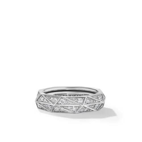 Torqued Faceted Band Ring in Sterling Silver with Pavé Diamonds, Size 10