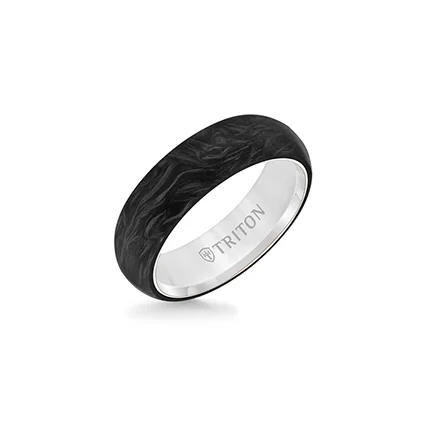 Triton Men's 6mm 14K White Gold & Forged Carbon Domed Band