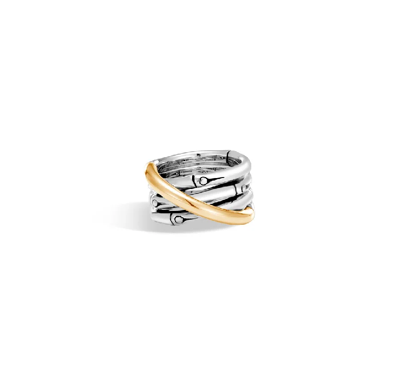 John Hardy Bamboo 14mm Sterling Silver and Yellow Gold Crossover Band