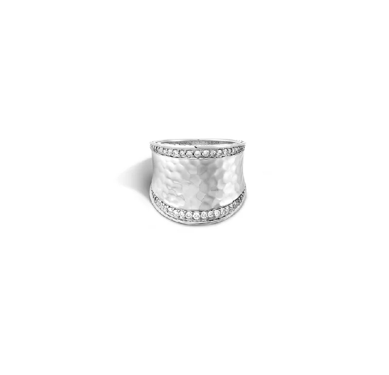 John Hardy Classic Chain Sterling Silver Small Saddle Ring with Diamonds and Palu Hand Hammering