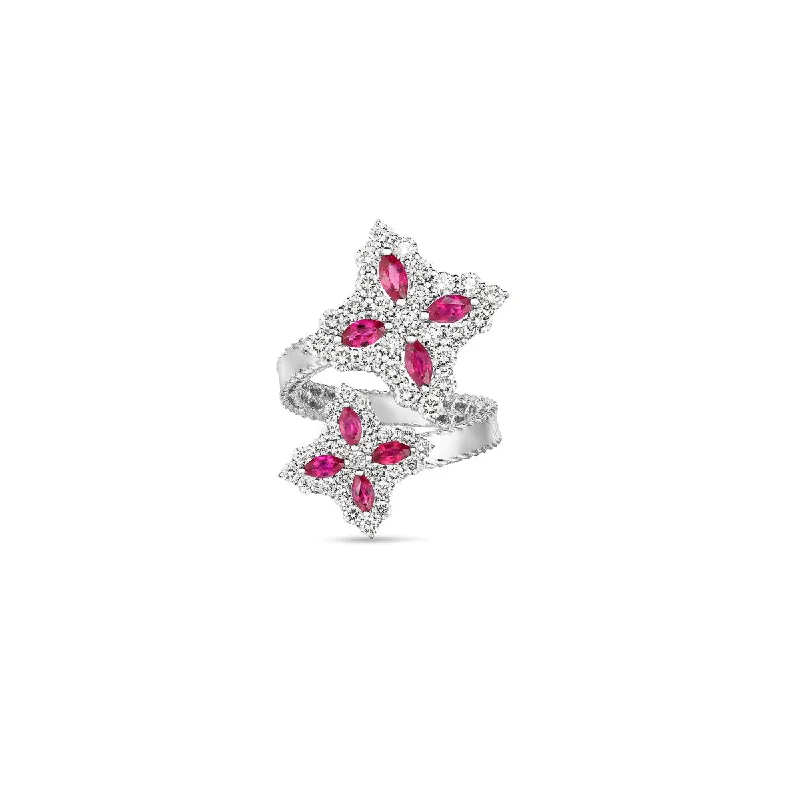 Roberto Coin Princess Flower 18K White Gold Diamond and Ruby Crossover Ring