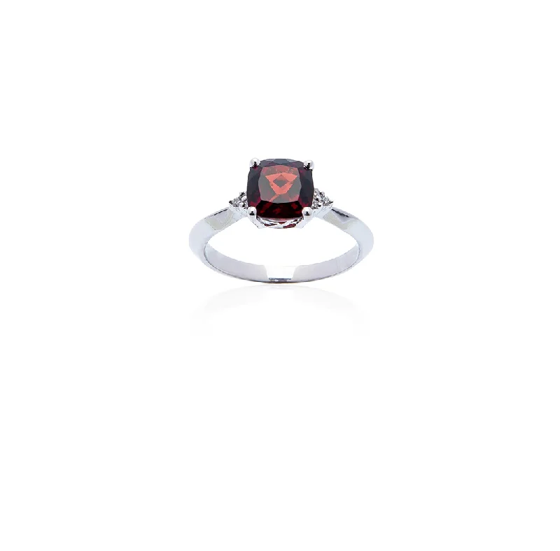 Sabel Collection 14K White Gold Cushion Garnet and Round Diamond Ring