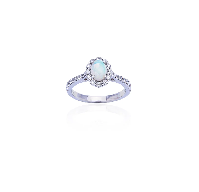 Sabel Collection 14K White Gold Oval Opal and Diamond Halo Ring