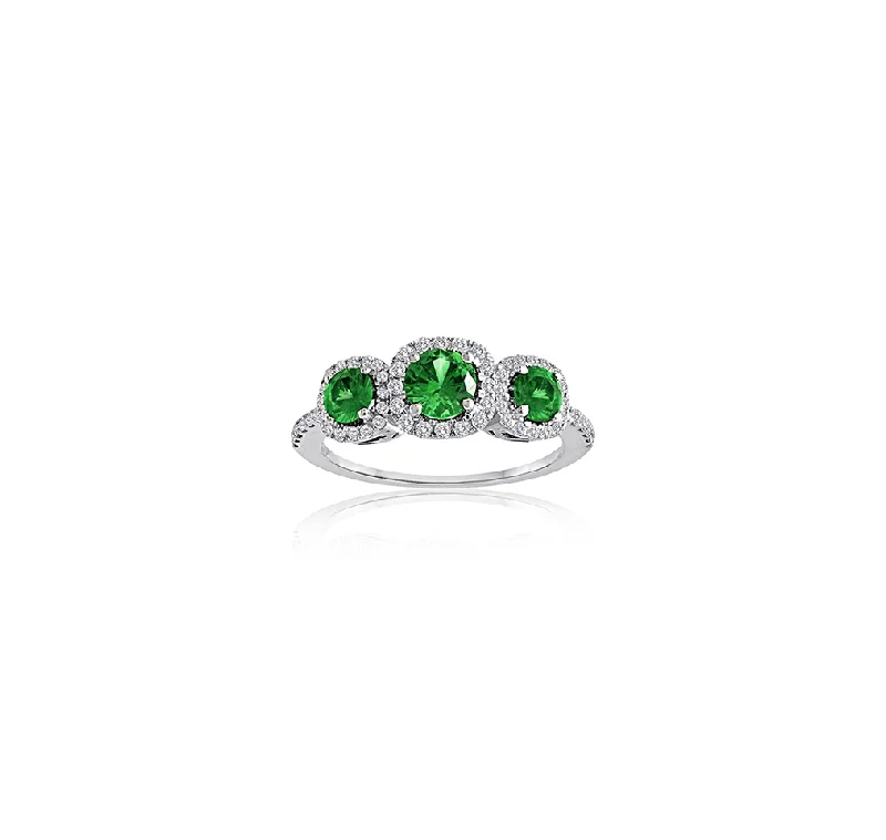 Sabel Collection 14K White Gold Round Emerald and Diamond Three-Stone Ring