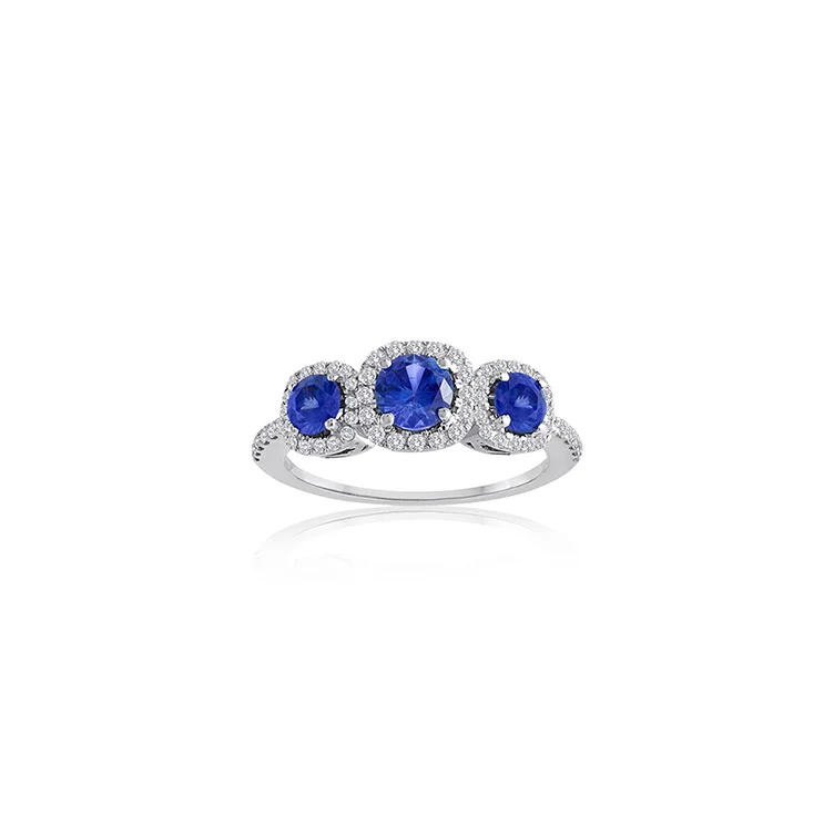 Sabel Collection 14K White Gold Round Sapphire and Diamond Three-Stone Ring