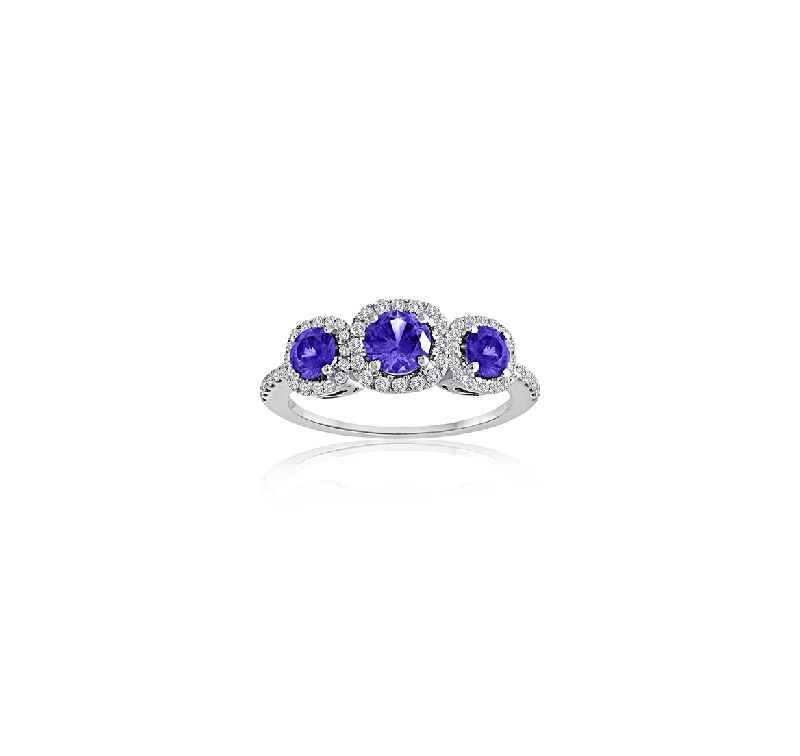 Sabel Collection 14K White Gold Round Tanzanite and Diamond Three-Stone Ring