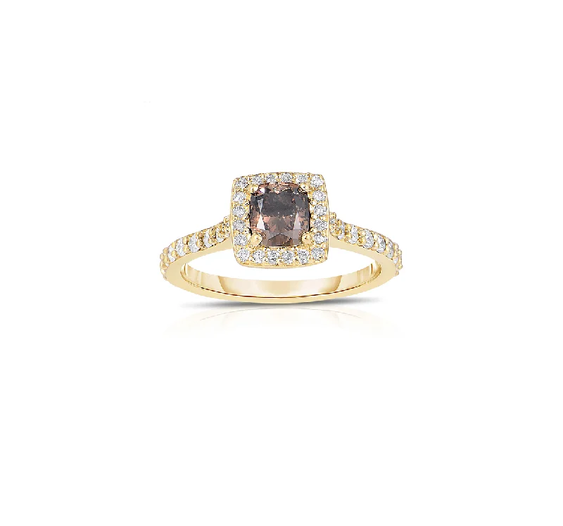 Sabel Collection 14K Yellow Gold Cushion Cut Fancy Diamond Ring with White Diamond Halo and Shank Accents