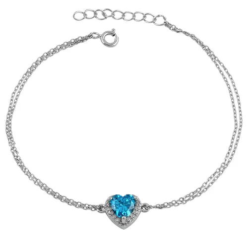 Sterling Silver Blue Topaz and Clear CZ Heart Halo Bracelet