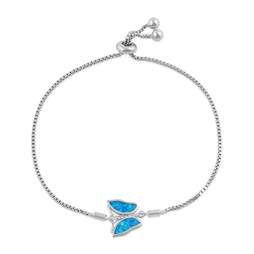 Sterling Silver Clear CZ and Blue Opal Butterfly Box Bracelet