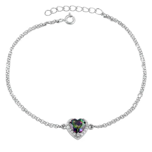 Sterling Silver Rainbow and Clear CZ Heart Halo Bracelet