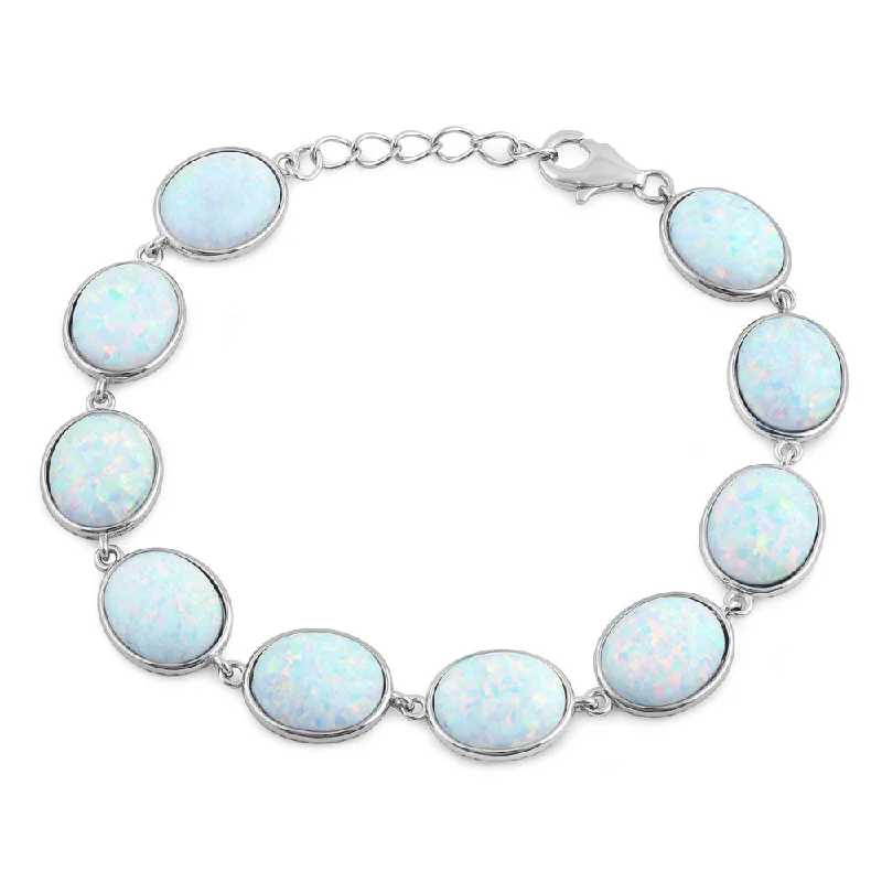 Sterling Silver White Lab Opal 12.0mm x 10.0mm Oval Beads Bracelet