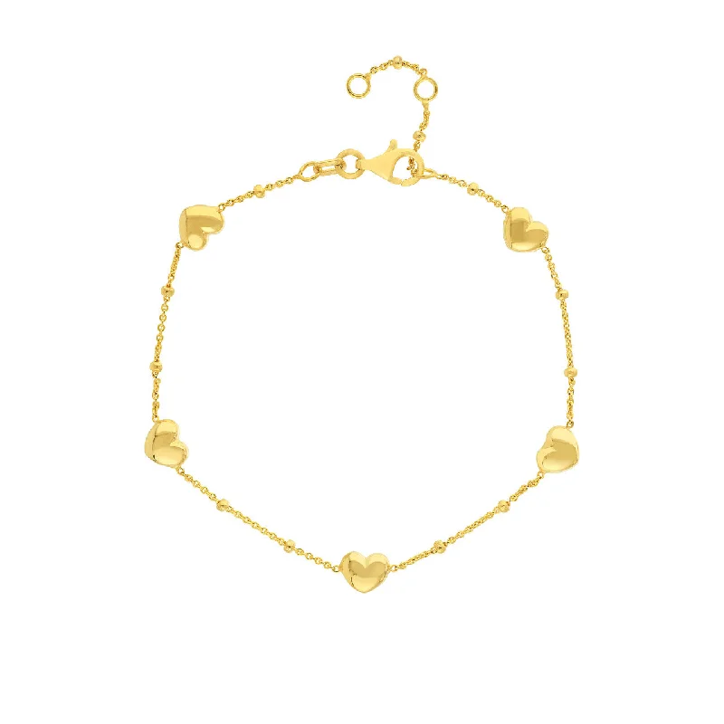 14K Yellow Gold Mini Puffed Heart Station Saturn Chain Bracelet