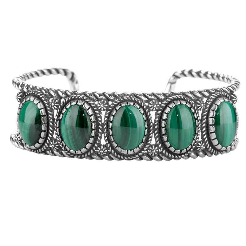 Sterling Silver Green Malachite 5-Stone Cuff Bracelet, Sizes Small to Large