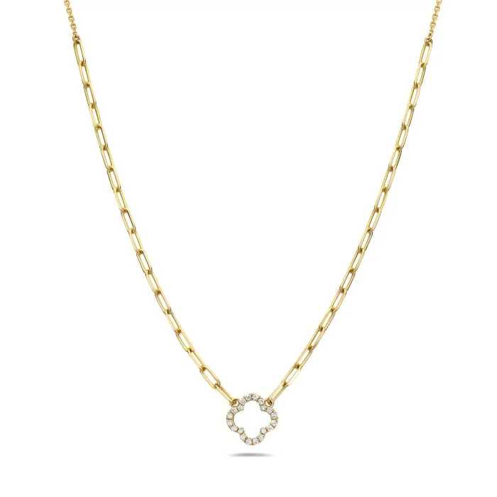 14K Yellow Gold Pave Diamond Flower Paperclip & Beaded Necklace