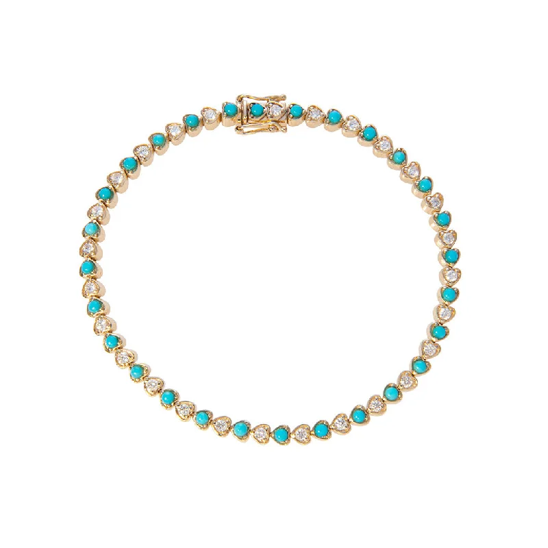 Diamond & Turquoise Heart 14K Yellow Gold Tennis Bracelet