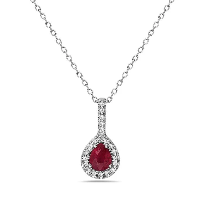 14K White Gold Ruby Diamond Halo Necklace