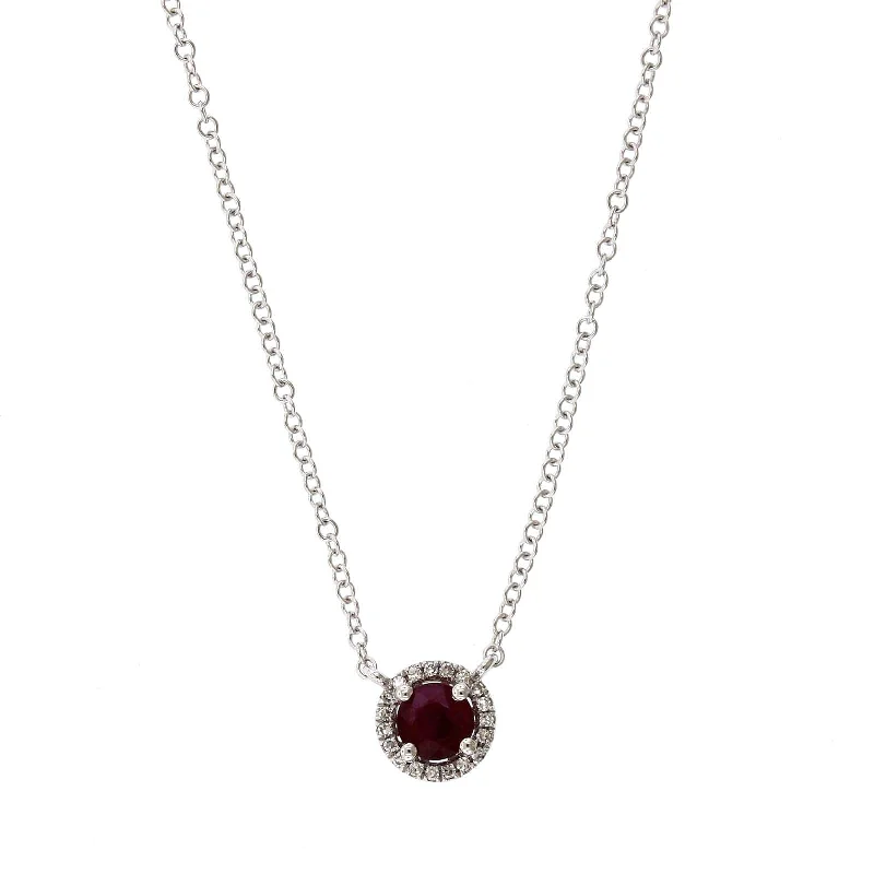 14K White Gold Ruby Diamond Halo Pendant