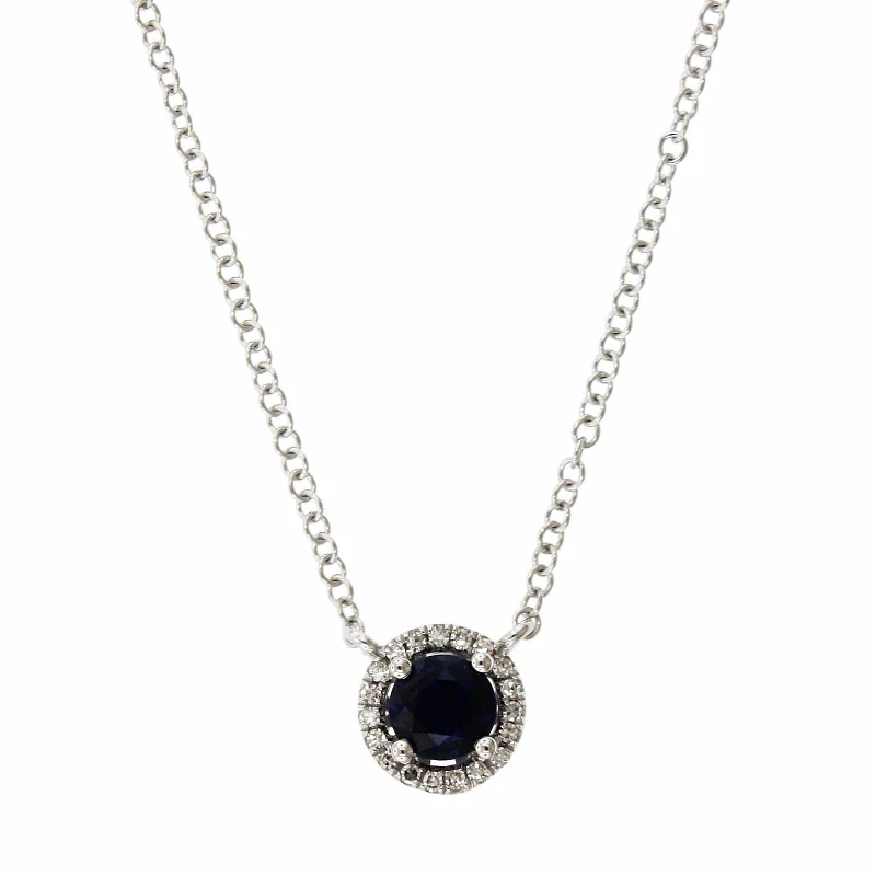 14K White Gold Sapphire Diamond Halo Pendant