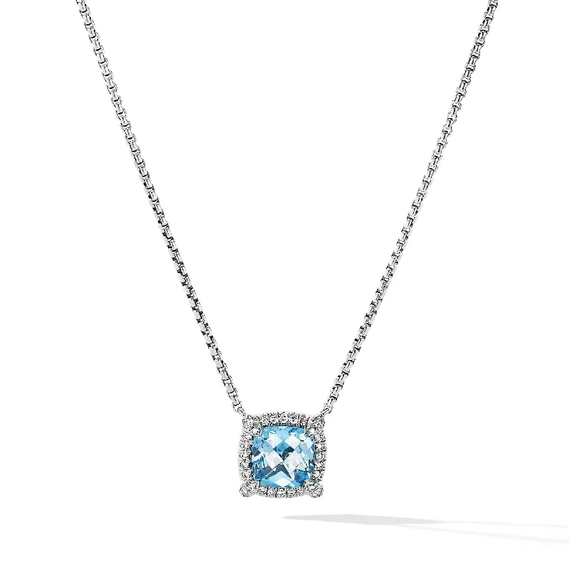 Petite Chatelaine® Pavé Bezel Pendant Necklace with Blue Topaz and Diamonds