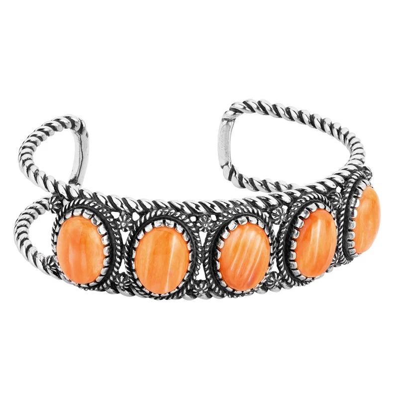 Sterling Silver Orange Spiny Oyster 5-Stone Cuff Bracelet Size S, M or L