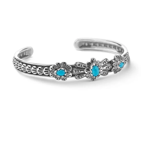 Sterling Silver Sleeping Beauty Turquoise Flower Concha Cuff Bracelet, Sizes Small to Large