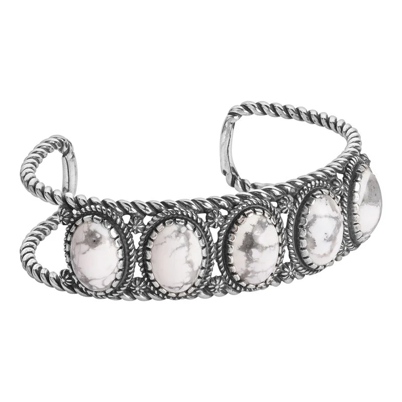 Sterling Silver White Howlite 5-Stone Cuff Bracelet, Sizes Small to Large